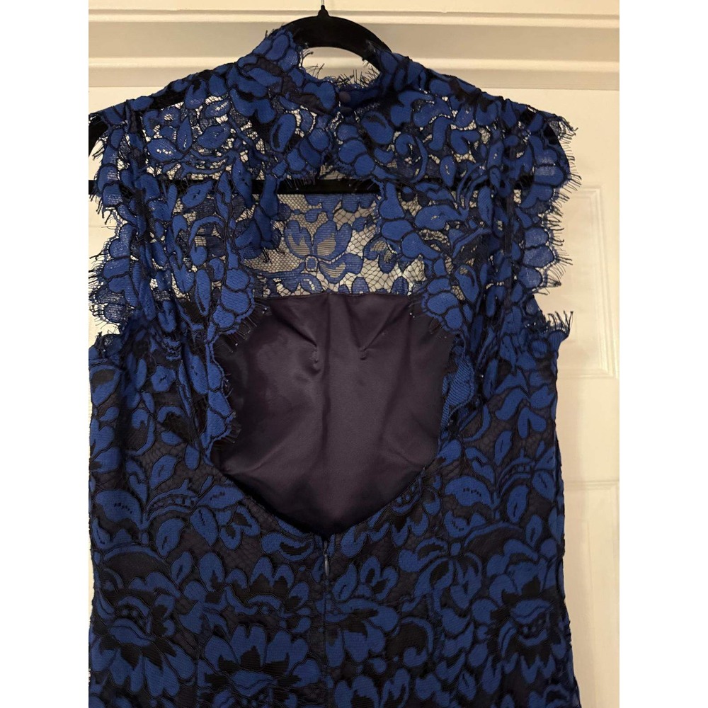 Eliza J Blue Black Floral Lace Gown Dress Size 12 Mock Neck Open Back Formal - Picture 2 of 8
